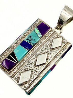 Calvin Begay Marked Geometric Sterling Silver Inlay Multi Stones Navajo Pendant